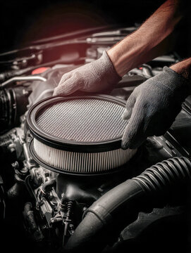 Mechanic wearing gloves carefully installing a new air filter on a car engine to ensure optimal vehicle performance and clean airflow maintenance