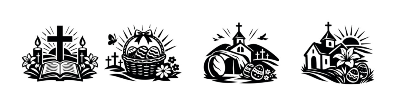 Easter vector icons set: crosses, eggs, churches, and religious symbols