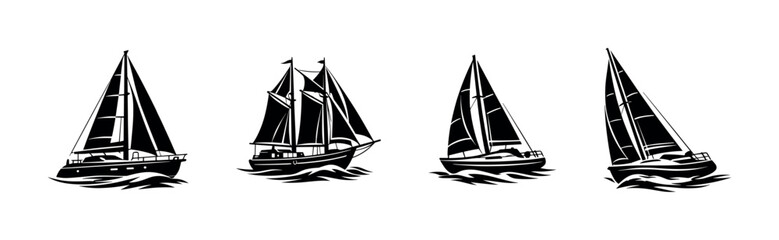 Obraz premium Sailing boats vector icons set. nautical silhouettes collection. marine, ocean, yacht art