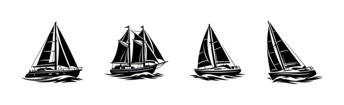 Sailing boats vector icons set. nautical silhouettes collection. marine, ocean, yacht art