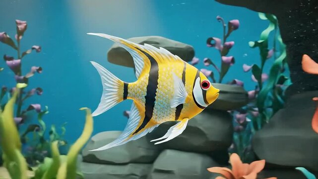 Yellow angelfish swimming through stylized coral,aquatic, tropical 