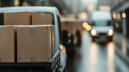 Obraz premium Depicting a busy urban scene, this image shows delivery vans loaded with boxes, illustrating themes of commerce, logistics, and the hustle and bustle of city life.