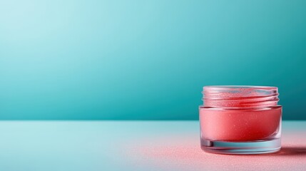 A vibrant pink cosmetic jar filled with sparkles, set against a tranquil teal background, evoking feelings of beauty, fun, and playfulness in personal care products.