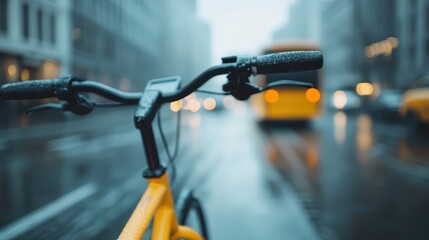 A vibrant yellow bicycle stands out against the blurred backdrop of a rainy urban street, capturing the essence of daily life amidst weather challenges and city bustle.