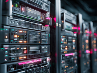 Modern data center server racks with illuminated indicators and networking equipment