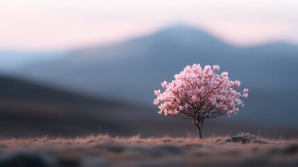 A solitary pink blossom tree stands gracefully on a distant landscape, evoking feelings of beauty, nature, and the ephemeral quality of life in soft pastel shades.