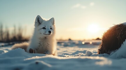 Obraz premium A playful arctic fox sits gracefully on the snowy terrain, illuminated by the warm glow of the sunset in the background, capturing the enchanting beauty of winter wildlife.