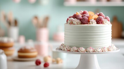 A beautifully crafted cake, adorned with fresh berries and elegant decorations, sits on a pedestal, representing a celebration of sweetness and artistry in culinary design.