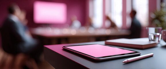 Modern business meeting room with digital tablet and stylus on table foreground and blurred people in discussion background