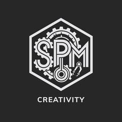 Obraz premium Industrial Hexagonal SPM Monogram Logo with Gear Cogs and Mechanical Tools
