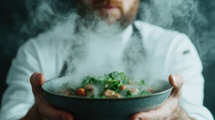 A talented chef presents a steaming bowl filled with fresh ingredients, showcasing culinary mastery and the elegant artistry involved in creating delightful dish experiences.
