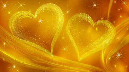 Two glowing golden hearts surrounded by sparkling stars and shimmering wave-like light trails on a warm, radiant background symbolizing love and celebration