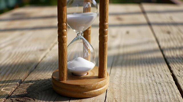 A small wooden-framed hourglass resting on a sunlit wooden table outdoors with warm shadows