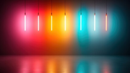 A vibrant display of colorful neon lights arranged artistically on a wall, generating a dynamic ambiance and alluring visual experience suitable for nightlife and creativity.