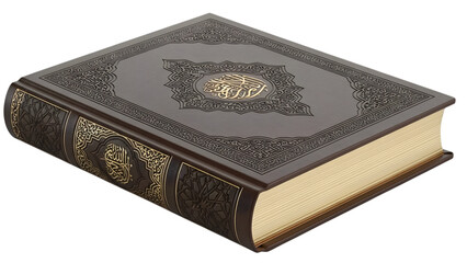 Fototapeta premium Ornate quran book with golden arabic calligraphy on a black cover with copy space