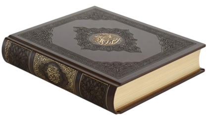 Ornate quran book with golden arabic calligraphy on a black cover with copy space