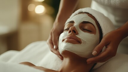 A woman enjoying a soothing facial treatment while relaxing, emphasizes rejuvenation and self-care through professional pampering in a serene spa environment.