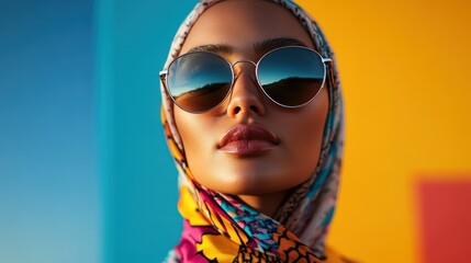 An elegant portrait of a confident woman in sunglasses and a vibrant scarf, reflecting empowerment and cultural aesthetics against a vivid backdrop.