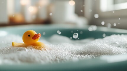 A classic rubber duck floats playfully in a bubbly bath, capturing a moment of childhood joy and innocence against a backdrop of cozy, relaxing ambiance.