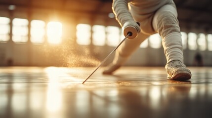A powerful moment in a fencing match, showcasing an athlete in action with dust particles illuminated by the warm glow of a setting sun in the background.