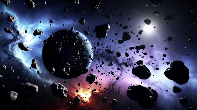 A Vast Array of Floating Asteroids and a Cratered Planetoid Surrounded by a Colorful Nebula in Deep Space