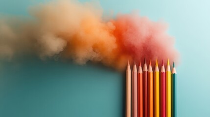 Naklejka premium A dynamic arrangement of colorful pencils releasing vibrant dust, symbolizing creativity and artistic expression, perfect for showcasing artistic tools and imagination.
