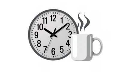 Clock and steaming coffee cup isolated on a transparent background