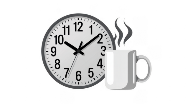 Clock and steaming coffee cup isolated on a transparent background - Powered by Adobe