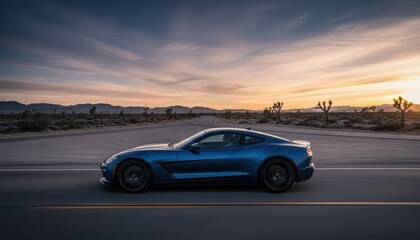 Fototapeta premium Blue high-performance sports car driving on a scenic desert road at sunset with motion blur
