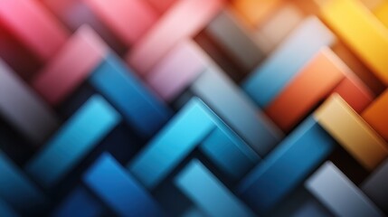 A vibrant and dynamic composition of layered geometric shapes creates an illusion of depth and movement, showcasing rich colors and abstract design elements.