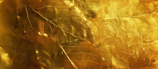 Gilded leaf in gold: Nature's exquisite artistry revealed in a close-up of a golden leaf. The intricate details of veins and texture reflect the light, creating a stunning abstract composition.