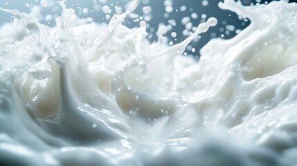 An artistic close-up captures a dramatic splash of milk, showcasing interesting shapes and textures as the liquid bursts forth, creating an engaging visual spectacle.