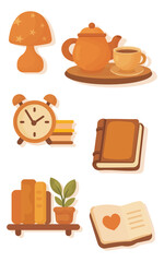 Warm cozy reading stickers with teapot and bookshelf.