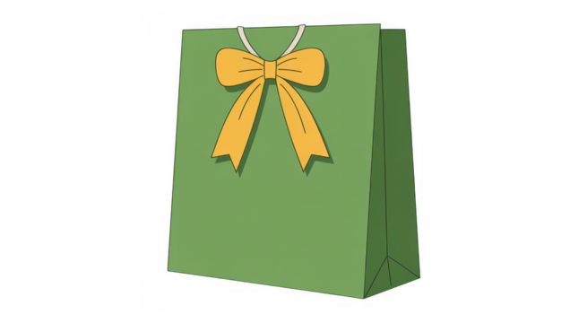 Green gift bag with yellow bow isolated on a transparent background - Powered by Adobe