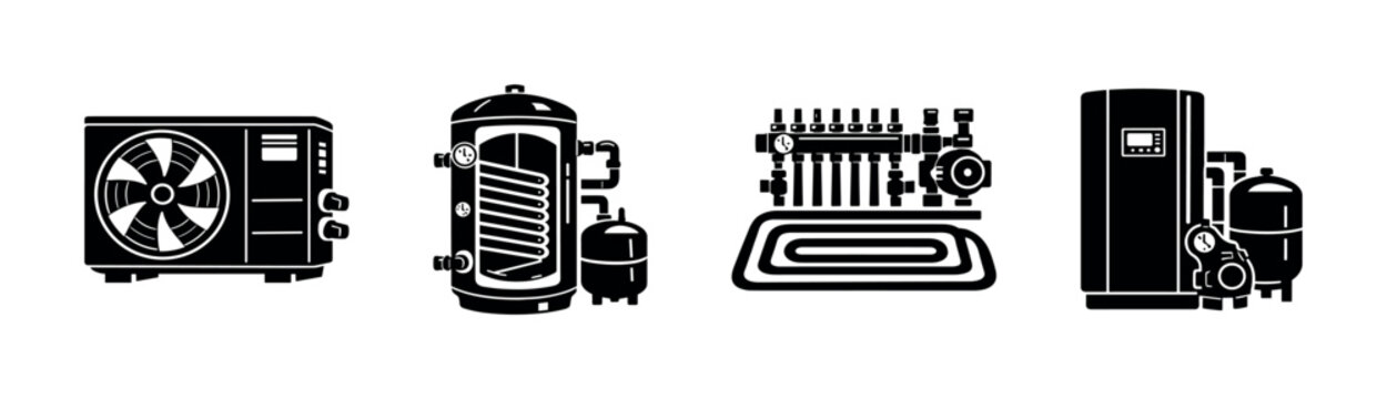 Heating and cooling vector icons set: boiler, air conditioner, radiator, heat pump