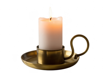 Lit white candle in gold holder lit candle gold candle holder isolated on a transparent background