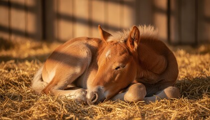 Peaceful chestnut horse foal sleeping on a bed of golden straw in a rustic sunlit stable.