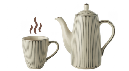 White ceramic tea set with stripes white teapot white mug isolated on a transparent background