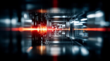 Futuristic space with a red light in the middle. The light is surrounded by a dark blue background