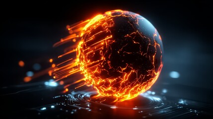 Glowing, fiery ball with a black center. The ball is surrounded by a blue and white background