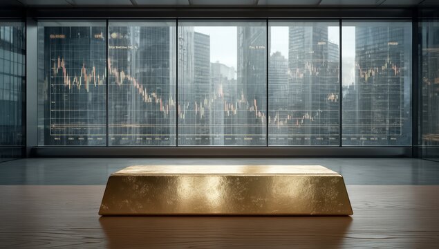 Shiny gold bar sits on a wooden table in front of a large window - Powered by Adobe