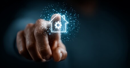 Person is pointing at a house with a gear on it. Concept of a house with a mechanical or technological aspect to it