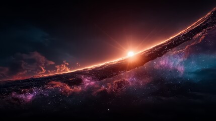 Fototapeta premium Space scene with a sun in the sky and a long, thin cloud. The sun is shining brightly, illuminating the scene