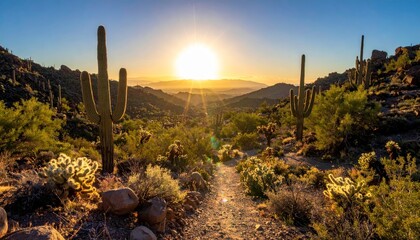 Panoramic view of a rocky desert landscape with tall saguaro cacti and wild bushes under a bright setting sun. Concept of wild nature and desert serenity