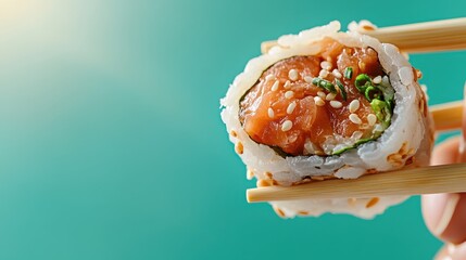 A delicious sushi roll carefully prepared with fresh ingredients, presented beautifully with chopsticks, perfect for culinary and culinary arts ventures in stock photography.