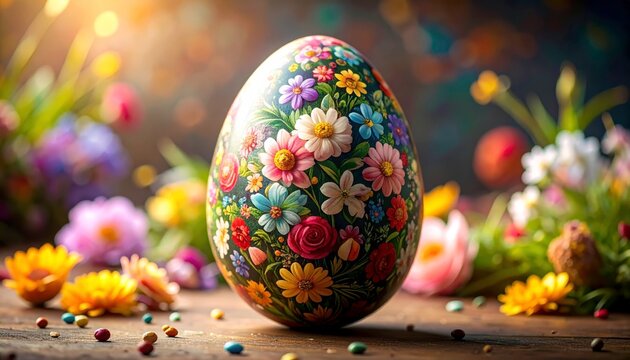 Large Easter egg intricately decorated with vibrant 3D floral patterns of roses and daisies on a wooden table with spring flowers background. Concept of artistic holiday decor - Powered by Adobe