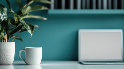 A clean, minimalist workspace featuring a laptop, a coffee cup, and a decorative plant against a bold teal background, promoting productivity and calm in the environment.