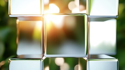 A cluster of shiny metallic cubes captures sunlight, creating a radiant effect with a blurred backdrop of greenery, embodying modernity and artistic design.