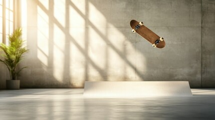 A skateboard is captured mid-air above a smooth ramp in a sunlit indoor space, showcasing a dynamic and thrilling moment in skateboarding culture and lifestyle.