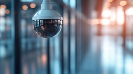 This image showcases a sleek, indoor surveillance camera hanging from the ceiling, symbolizing security and innovative technology within a modern architectural space.